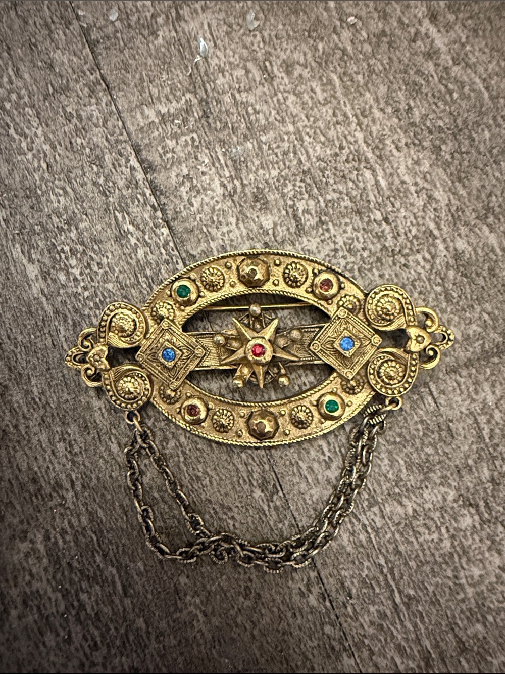 Victorian-Style Gold Tone Multi-Stone Brooch with Safety Chain